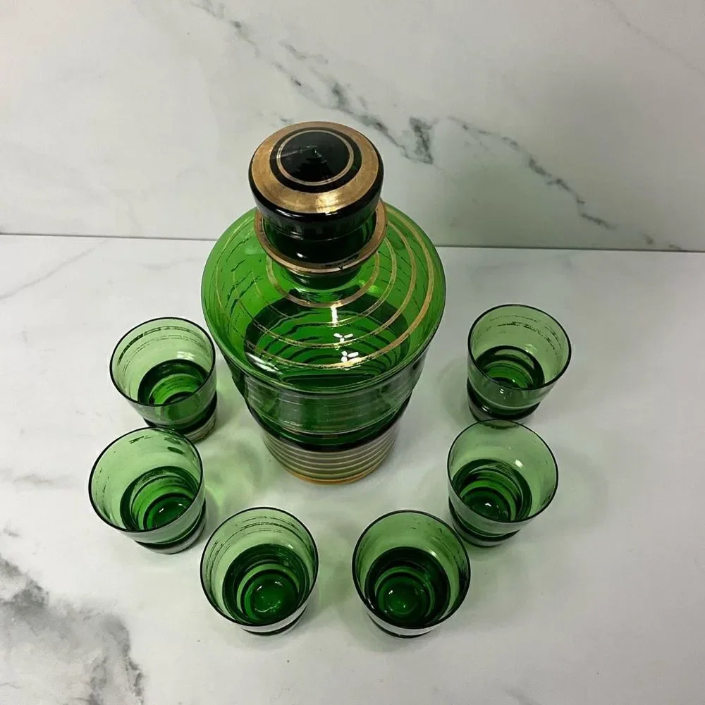 VINTAGE MCM Green decanter and shot glasses